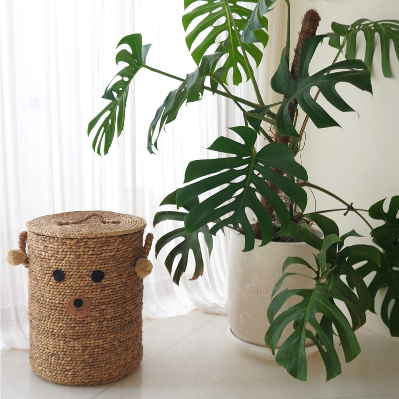 Laundry Basket for Children with Teddy Bear Face KIYOWO made from Water Hyacinth Woven Basket with Lid