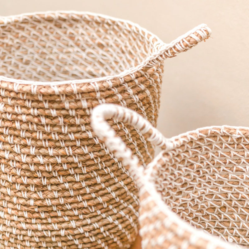 Laundry Basket Storage Basket Round GUNUNG Made of Banana Fibre with a Macrame Pattern made of Cotton