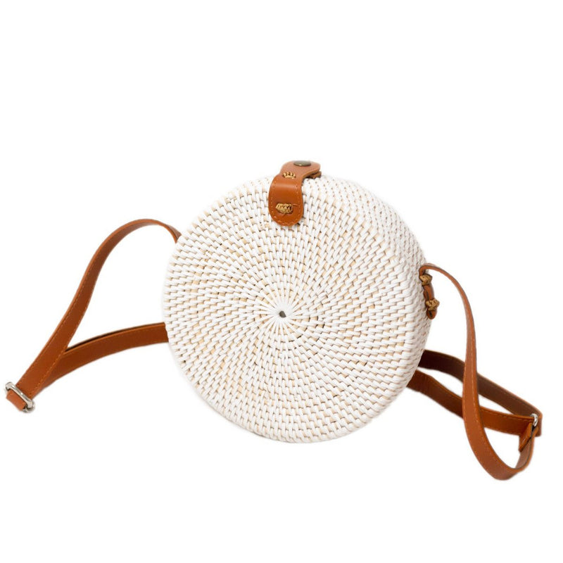 Round Rattan Bag White Handmade Crossbody Bag with Synthetic Leather Straps Shoulder Bag Boho Bali Bag SENJA (white)