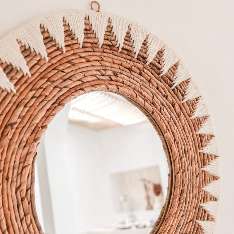 Round Boho Mirror 60 cm | Handmade Woven Wall Mirror AWAN | Wall Decoration with Pattern made of Cotton Cords