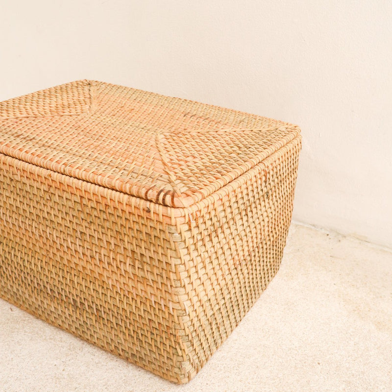 Opbergmand met deksel Plankmand van beige rotan Handgeweven decoratieve mand GRAHA (2 maten)