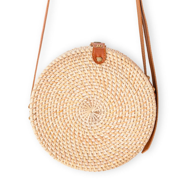 Ronde rotan tas beige handgemaakte crossbody tas met synthetische leren banden schoudertas boho Bali tas SENJA (natuurlijk)