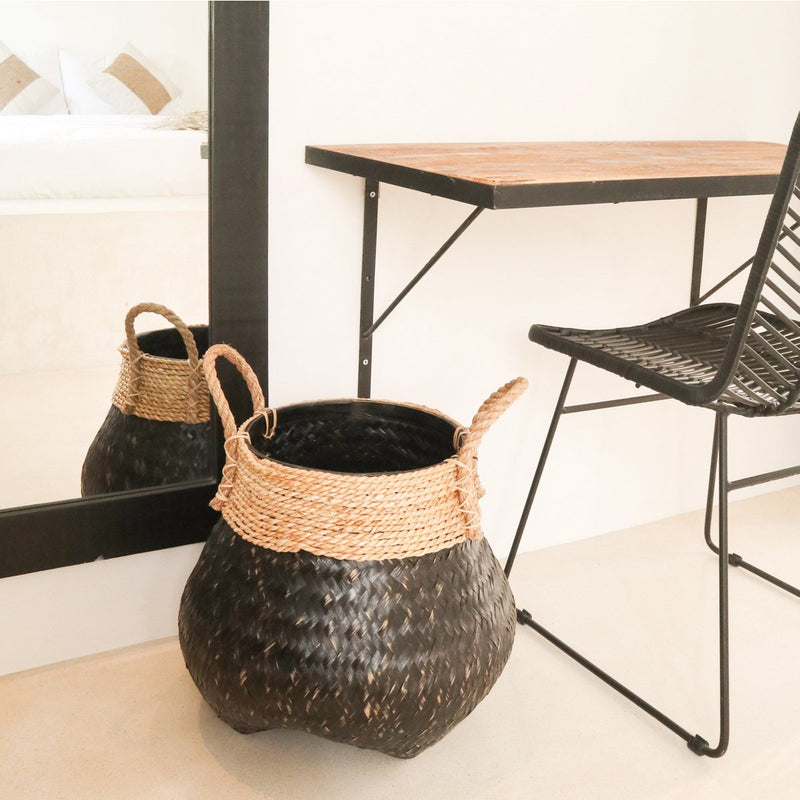 Black Plant Basket Decorative Basket Large Laundry Basket BENOA (black) Hand-woven Basket made of Bamboo and Seagrass (3 sizes)