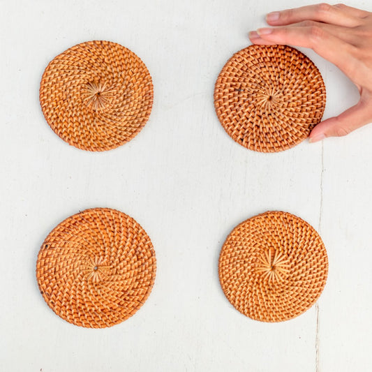 Round Rattan Coasters Set of 4 or 8 Handmade TIBU