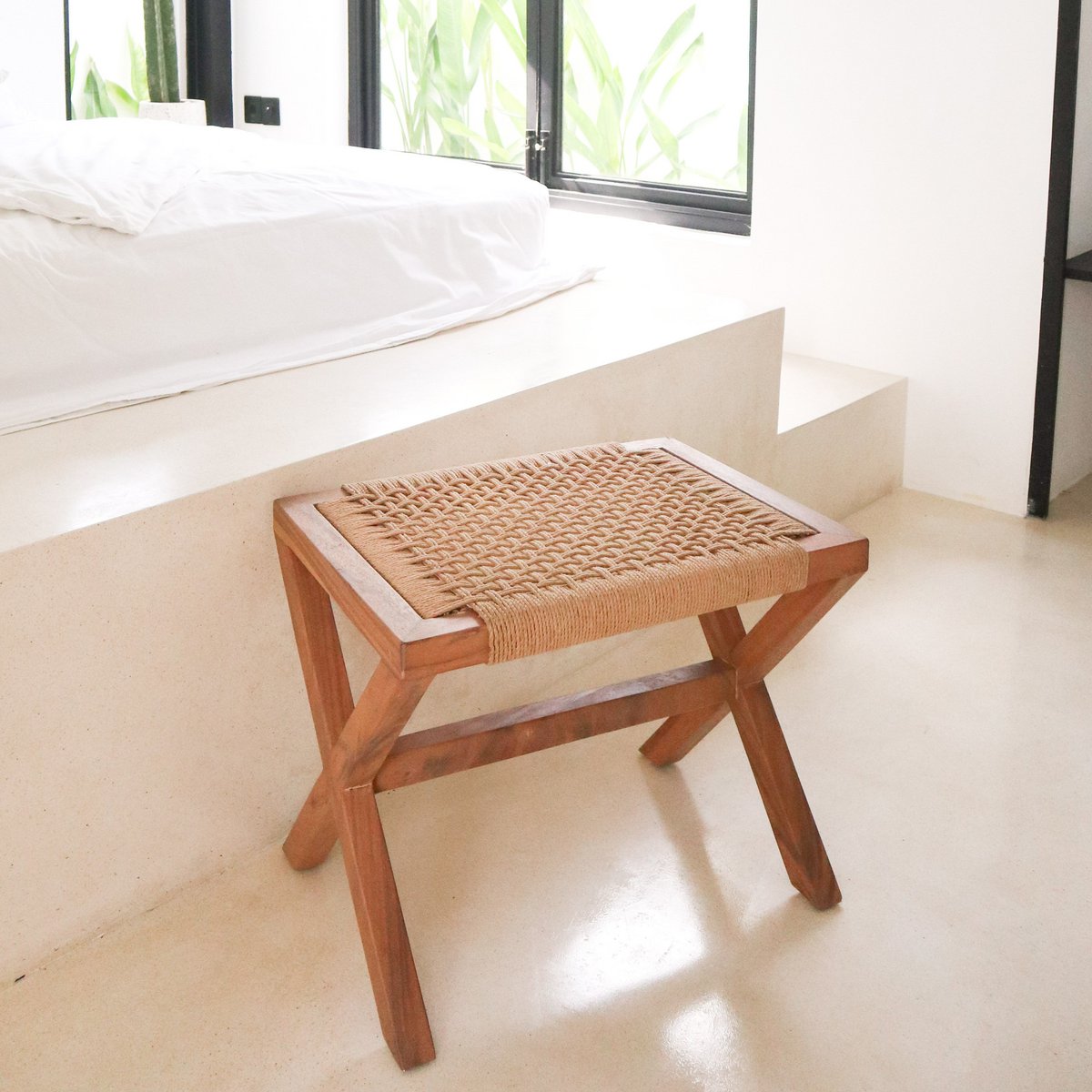 Large Wooden Stool INDRA (beige) made of Trembesi with a Seating Surface from Woven Recycled Paper