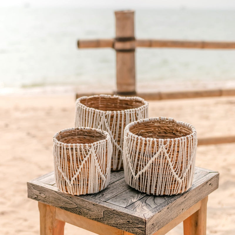 Kleine zeegrasmand ORIS | Ronde bloemenmand | Geweven Boho-mand | Plantenmand | Bloempot | Macramémand