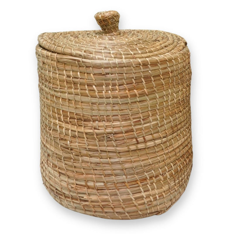 Laundry Basket with Lid LANTAI made from Seagrass Handmade from Natural Materials Round Hamper Storage Basket