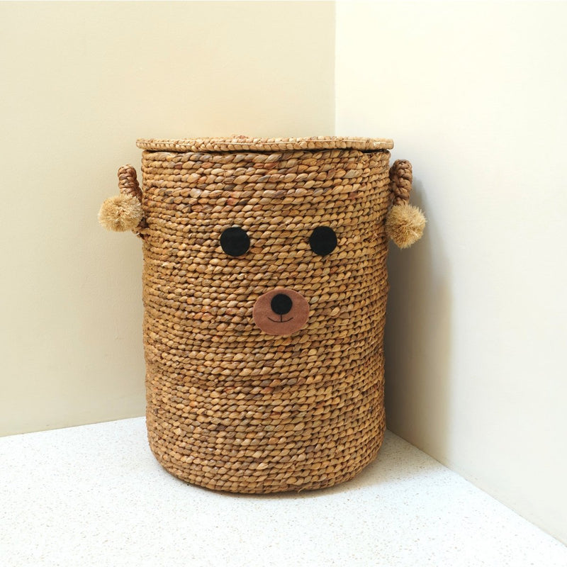 Laundry Basket for Children with Teddy Bear Face KIYOWO made from Water Hyacinth Woven Basket with Lid