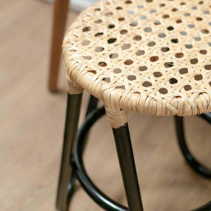 Rattan Stool KOLAKA Black Ø35 cm with Woven Seating Surface | Three-Legged Small Round Stool