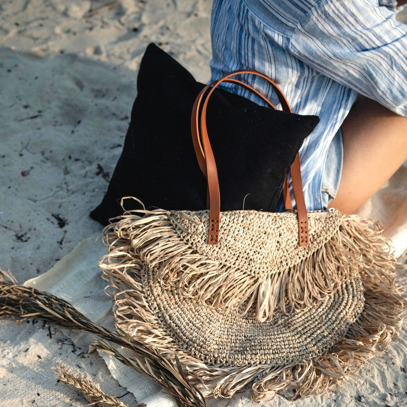 Beige Shoulder Bag with Fringes Beach Bag Tote Shopping Bag SUMBAWA