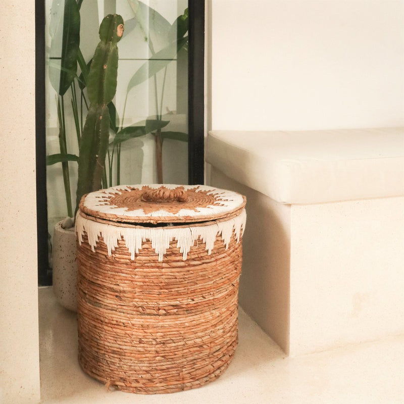 Laundry Basket with Lid Handwoven from Banana Fibre EMPAT Large Decorative Hamper Basket with white Cotton Macrame (2 sizes)