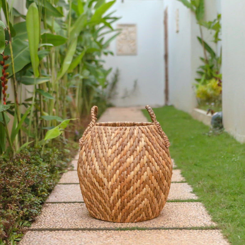 Large Laundry Basket Storage Basket Decorative Basket Round Basket Hamper WAYAG from Woven Water Hyacinth with Beige & Brown Zig Zag Pattern