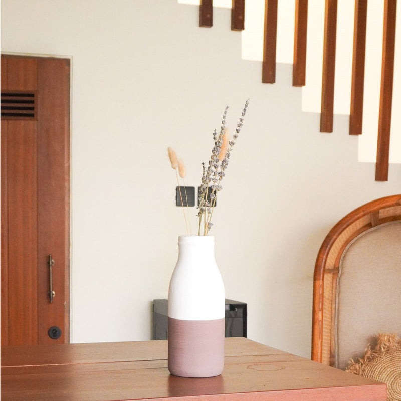 Vase White Brown Small Decorative Vase for Dried or Fresh Flowers Hand Cast from Clay with Rattan Handle SITU