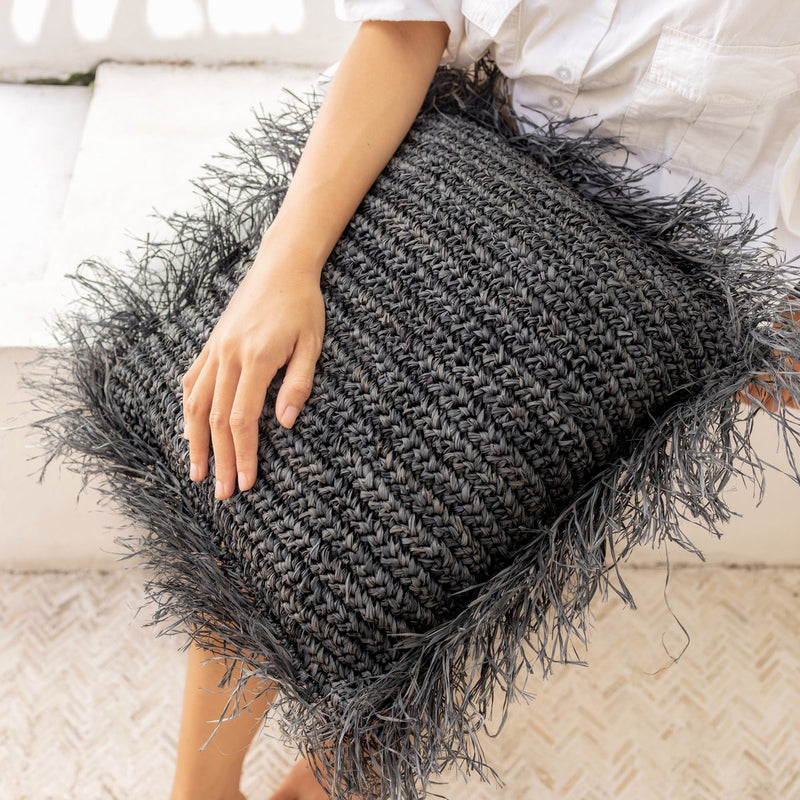 Black Raffia Throw Pillow with Filling Decorative Cushion with Fringes GANDI made of Raffia (2 sizes)