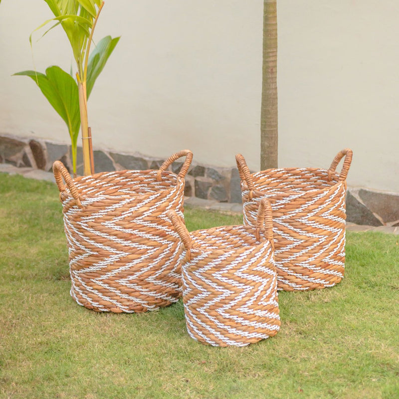 Round Woven Basket with Striped Pattern YALIMO made from Water Hyacinth (3 sizes)