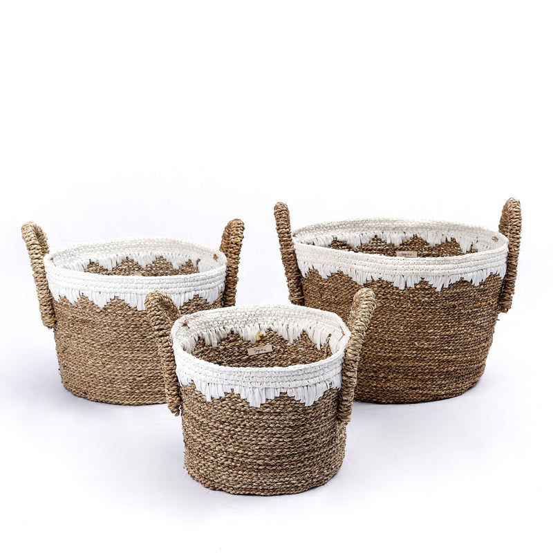 Round Seagrass Baskets with White Cotton Cords WAIGEO (3 sizes) Decorative Laundry or Storage Basket