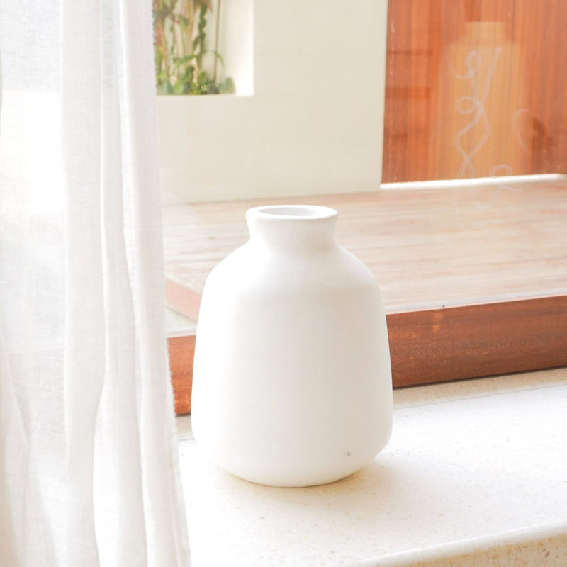 Vase White Small Round Decorative Vase for Dried or Fresh Flowers Hand Cast from Clay with BAWA