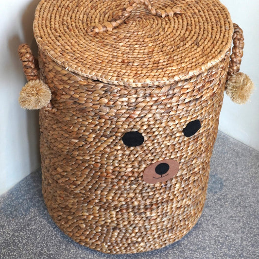 Laundry Basket for Children with Teddy Bear Face KIYOWO made from Water Hyacinth Woven Basket with Lid