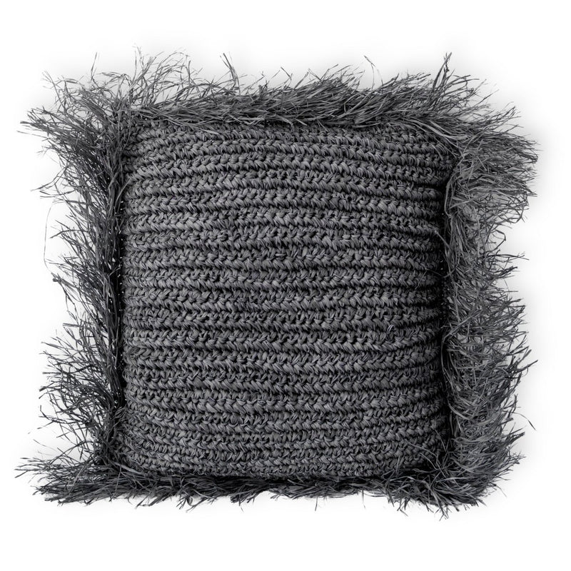 Black Raffia Throw Pillow with Filling Decorative Cushion with Fringes GANDI made of Raffia (2 sizes)