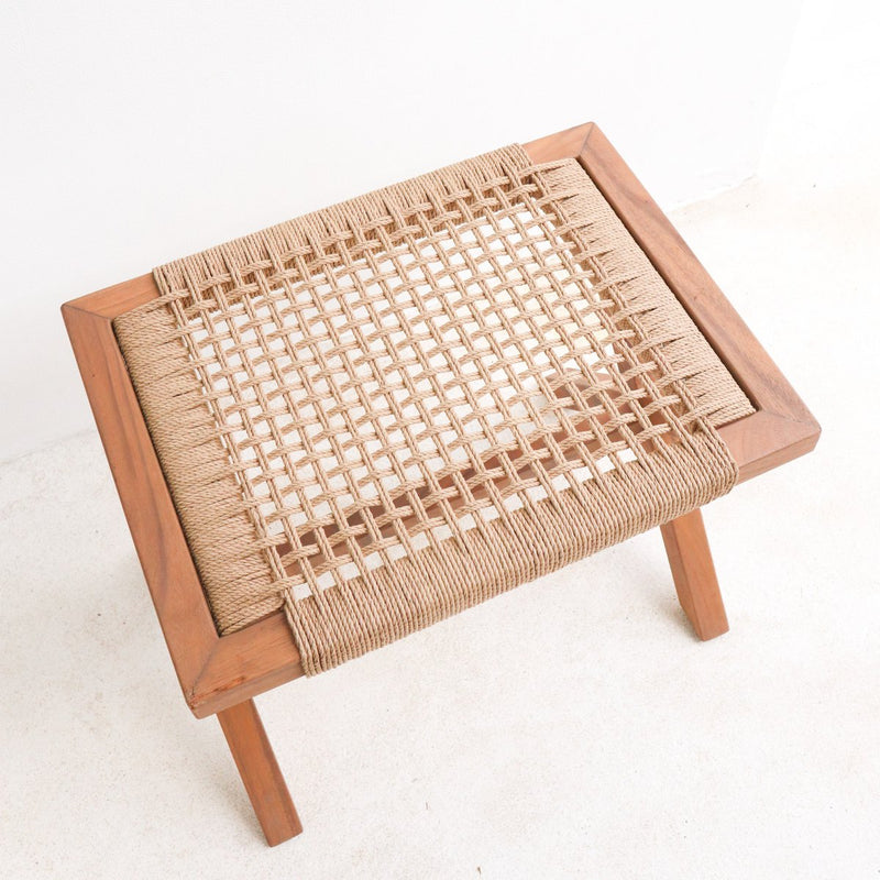 Large Wooden Stool INDRA (beige) made of Trembesi with a Seating Surface from Woven Recycled Paper