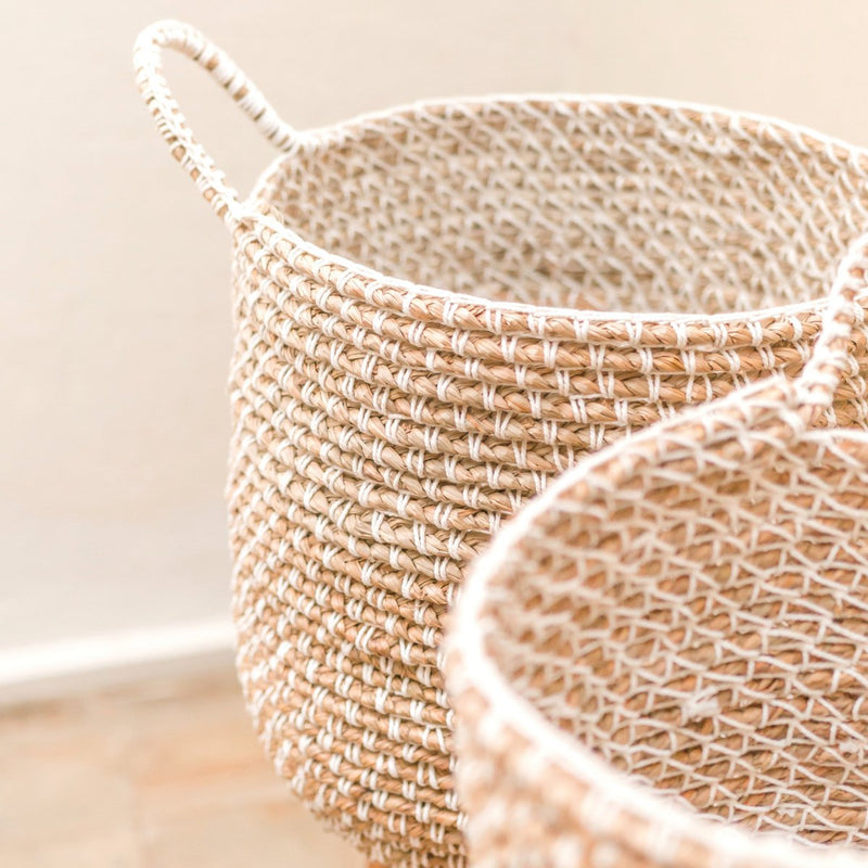 Laundry Basket Storage Basket Round GUNUNG Made of Banana Fibre with a Macrame Pattern made of Cotton