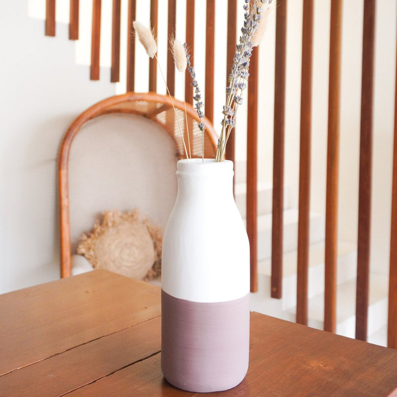 Vase White Brown Small Decorative Vase for Dried or Fresh Flowers Hand Cast from Clay with Rattan Handle SITU