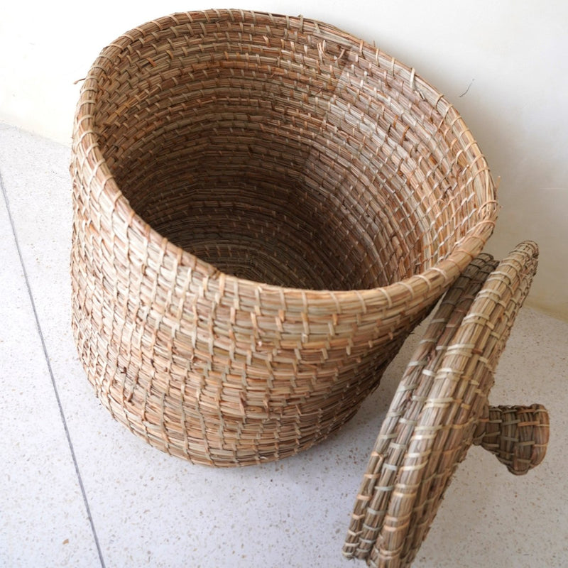 Laundry Basket with Lid LANTAI made from Seagrass Handmade from Natural Materials Round Hamper Storage Basket