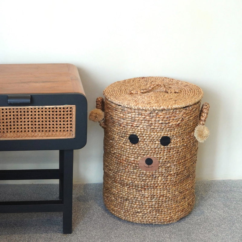 Laundry Basket for Children with Teddy Bear Face KIYOWO made from Water Hyacinth Woven Basket with Lid