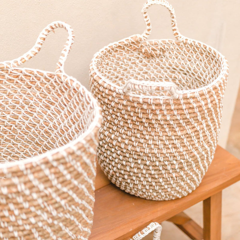 Laundry Basket Storage Basket Round GUNUNG Made of Banana Fibre with a Macrame Pattern made of Cotton