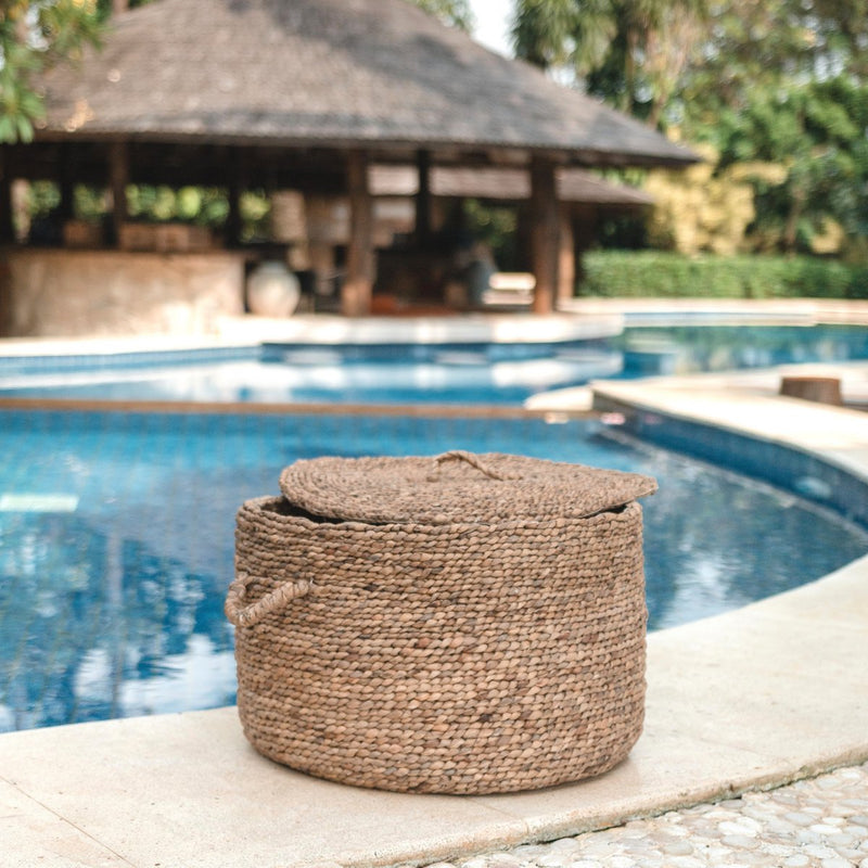 Large Laundry Basket with Lid UMBUL made from Brown Water Hyacinth | Woven Hamper Basket