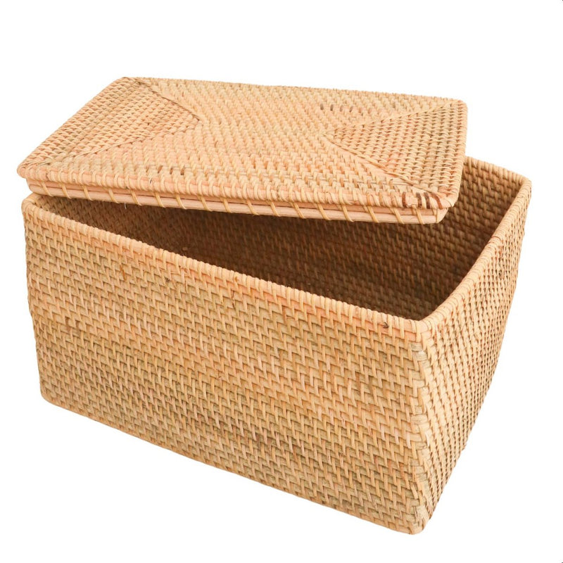 Opbergmand met deksel Plankmand van beige rotan Handgeweven decoratieve mand GRAHA (2 maten)