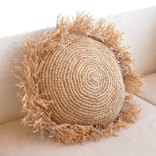 Rond Boho Kussen met Franjes Decoratief Kussen Ø40/50 cm Sierkussen van Raffia Sofa Kussen met Vulling TARAKAN beige