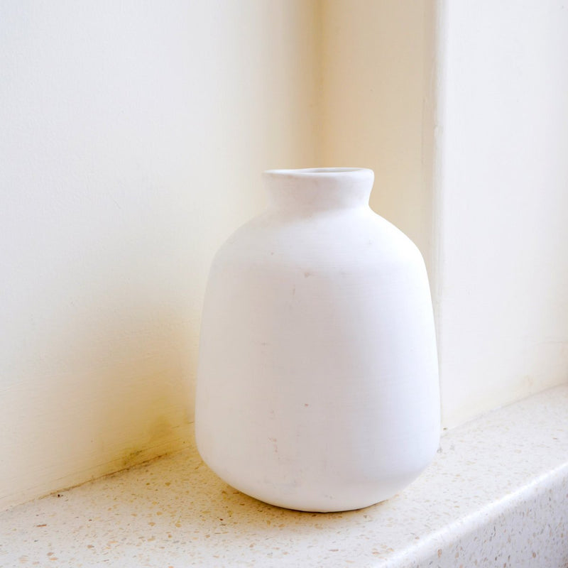 Vase White Small Round Decorative Vase for Dried or Fresh Flowers Hand Cast from Clay with BAWA