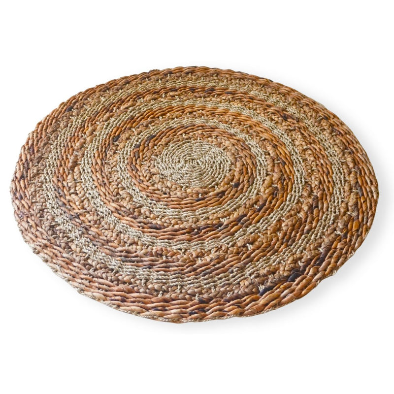 Rug 100/120 cm with Stripes Round Plant Fibre Rug made from Banana Fibre, Seagrass & Water Hyacinth Brown Beige Carpet POHON (2 sizes)