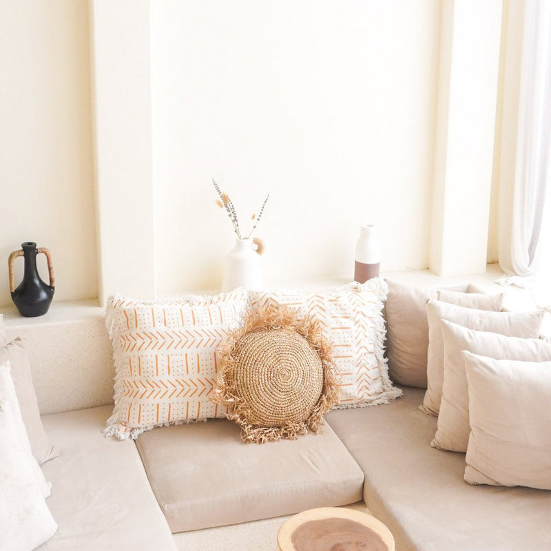 Round Boho Cushion with Fringes Decorative Cushion Ø40/50 cm Throw Pillow made from Raffia Sofa Cushion with Filling TARAKAN beige