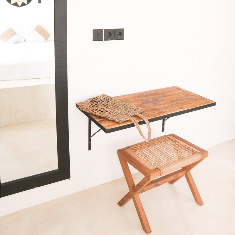 Large Wooden Stool INDRA (beige) made of Trembesi with a Seating Surface from Woven Recycled Paper