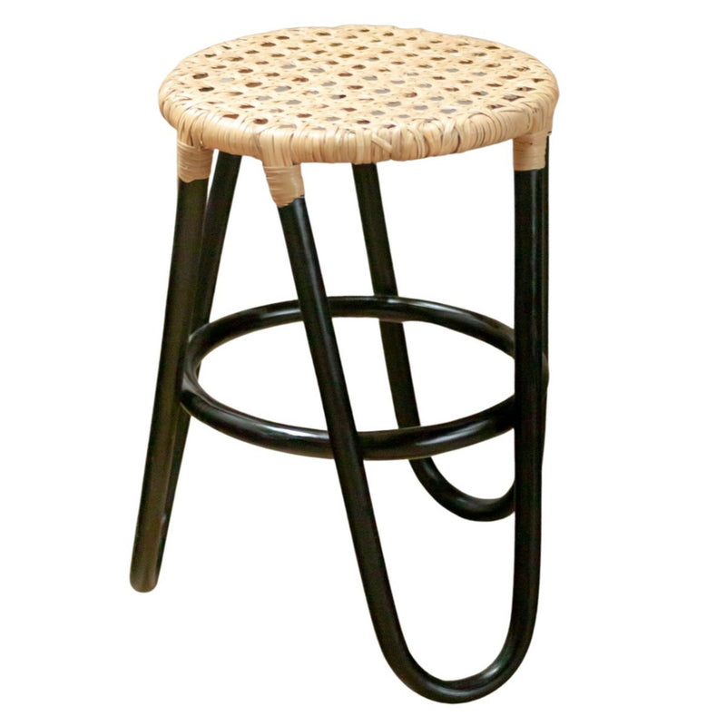 Rattan Stool KOLAKA Black Ø35 cm with Woven Seating Surface | Three-Legged Small Round Stool