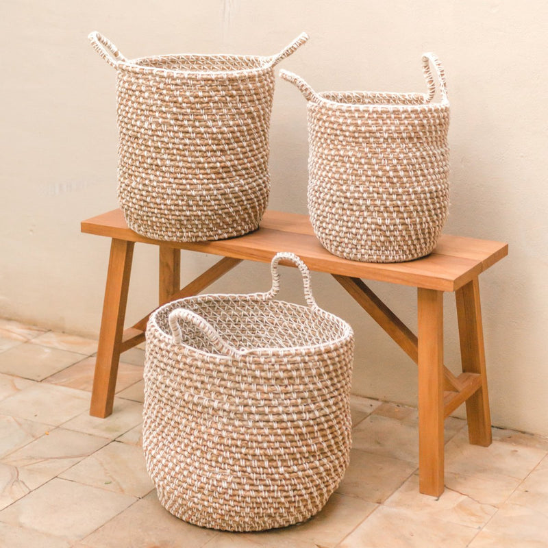 Laundry Basket Storage Basket Round GUNUNG Made of Banana Fibre with a Macrame Pattern made of Cotton