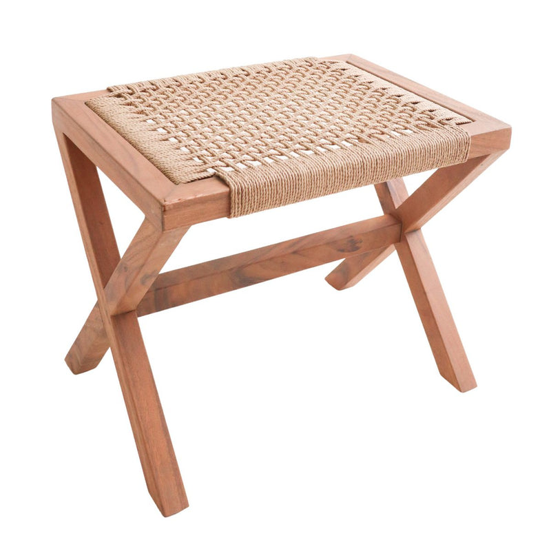 Large Wooden Stool INDRA (beige) made of Trembesi with a Seating Surface from Woven Recycled Paper