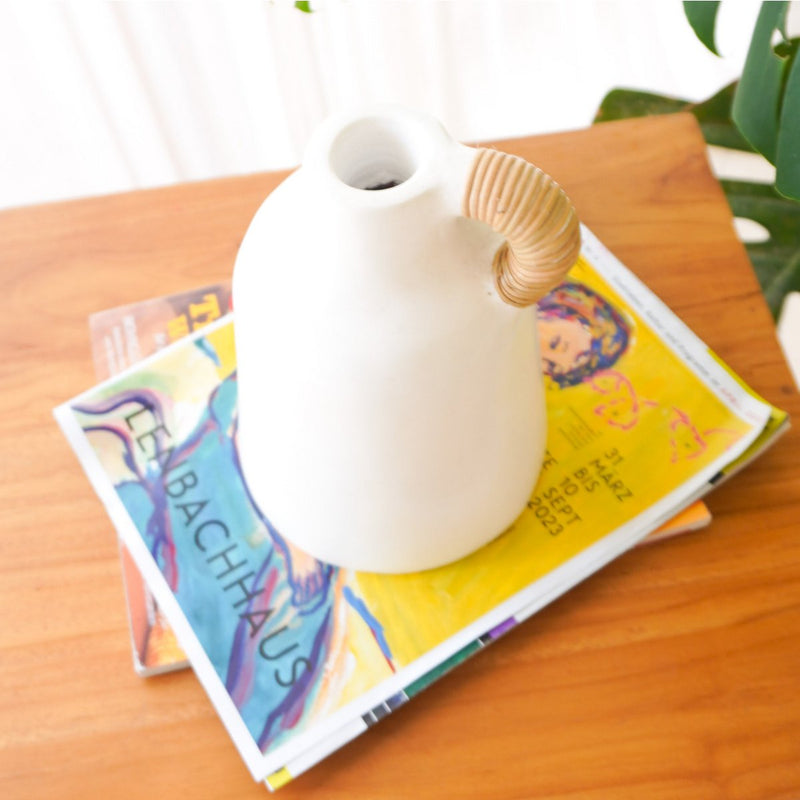 Vase White Small Decorative Vase for Dried or Fresh Flowers Hand Cast from Clay with Rattan Handle SANA