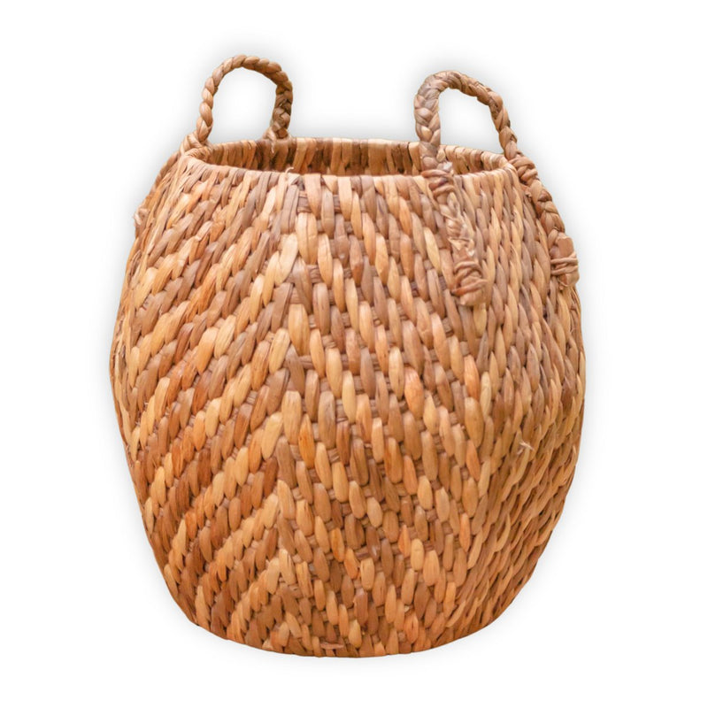 Large Laundry Basket Storage Basket Decorative Basket Round Basket Hamper WAYAG from Woven Water Hyacinth with Beige & Brown Zig Zag Pattern