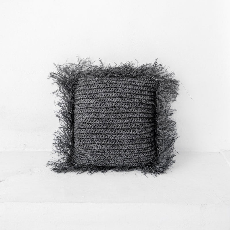 Black Raffia Throw Pillow with Filling Decorative Cushion with Fringes GANDI made of Raffia (2 sizes)