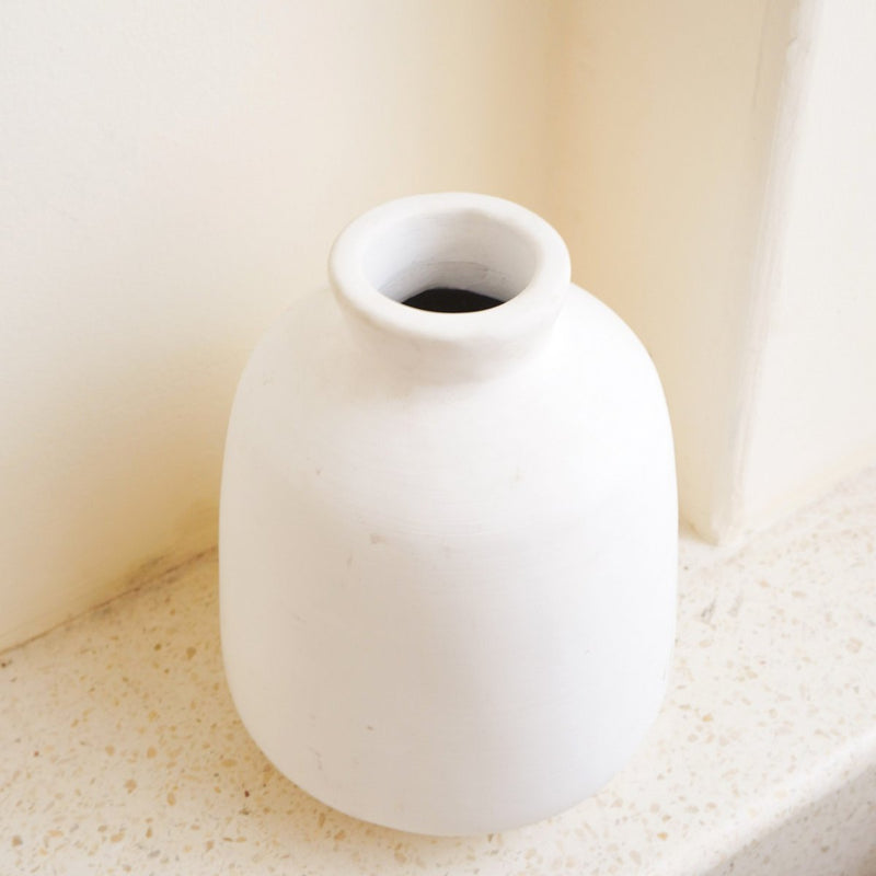 Vase White Small Round Decorative Vase for Dried or Fresh Flowers Hand Cast from Clay with BAWA