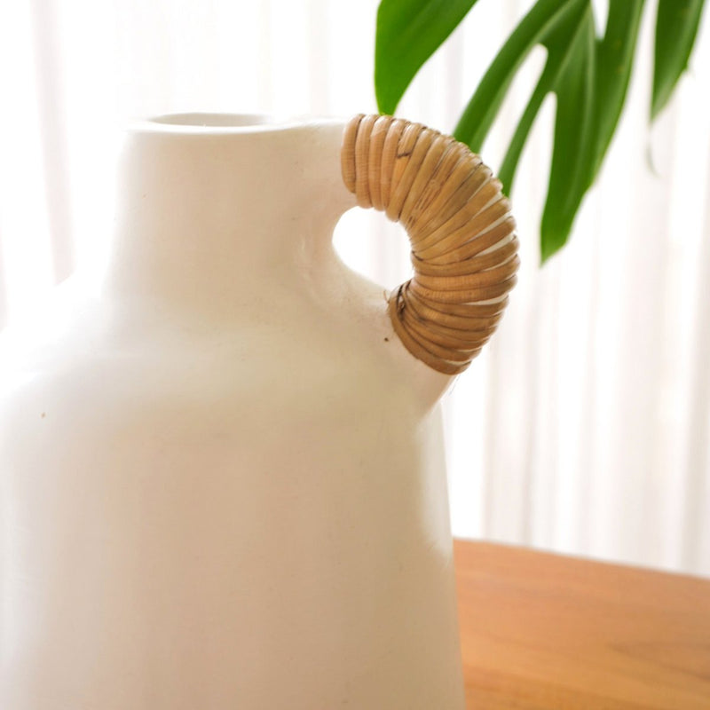 Vase White Small Decorative Vase for Dried or Fresh Flowers Hand Cast from Clay with Rattan Handle SANA