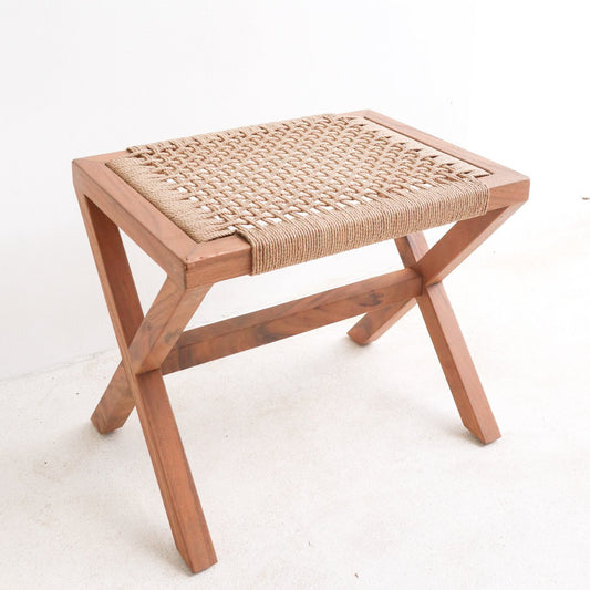 Large Wooden Stool INDRA (beige) made of Trembesi with a Seating Surface from Woven Recycled Paper