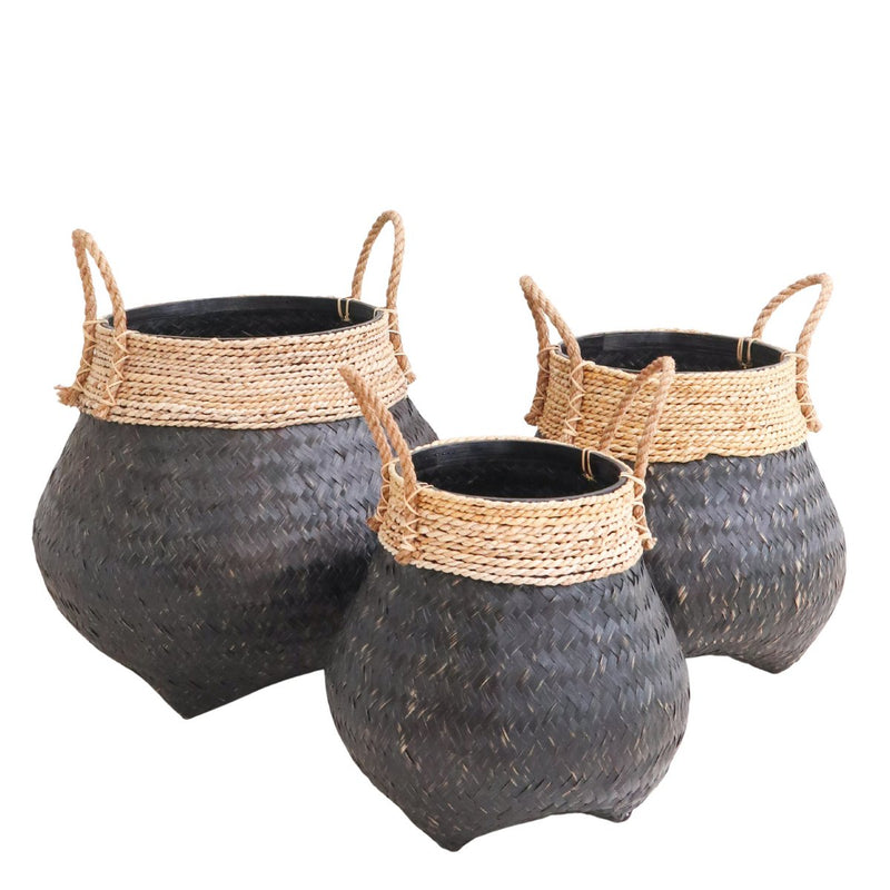 Black Plant Basket Decorative Basket Large Laundry Basket BENOA (black) Hand-woven Basket made of Bamboo and Seagrass (3 sizes)