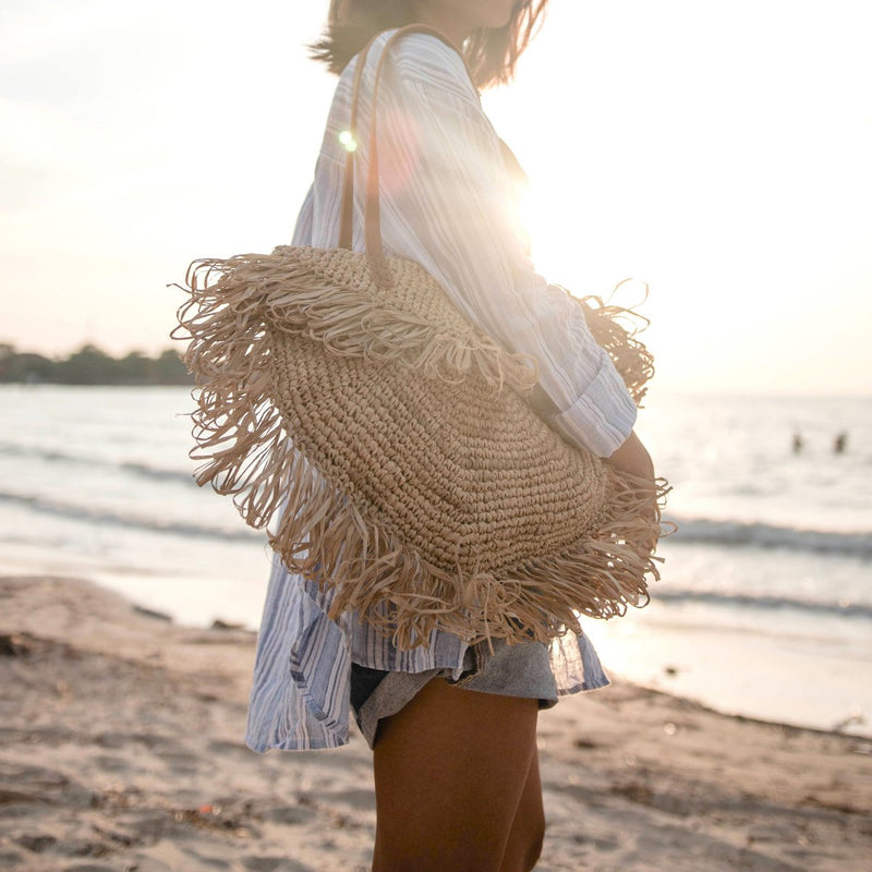 Beige schoudertas met franjes strandtas tote shopping bag SUMBAWA