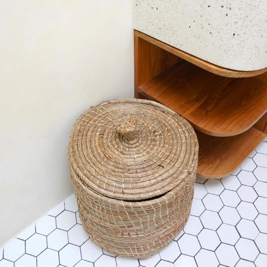 Laundry Basket with Lid LANTAI made from Seagrass Handmade from Natural Materials Round Hamper Storage Basket