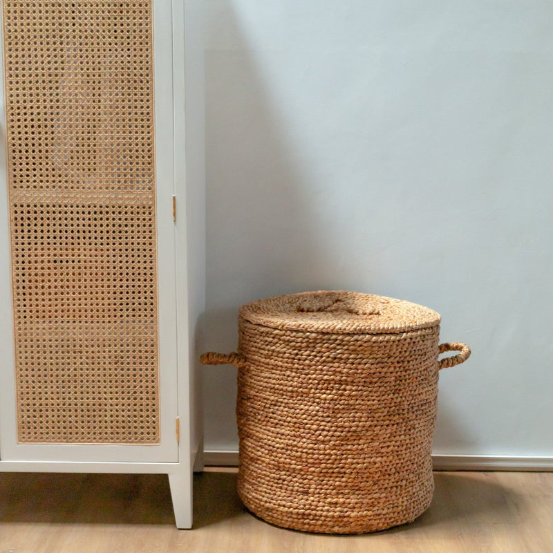 Large Laundry Basket with Lid Ø54 cm AMAN made from Water Hyacinth | Woven Storage Basket | Round Hamper | Large Hamper Basket | Laundry Hamper