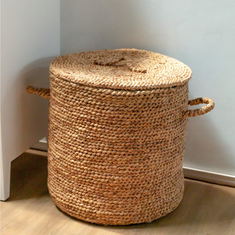 Large Laundry Basket with Lid Ø54 cm AMAN made from Water Hyacinth | Woven Storage Basket | Round Hamper | Large Hamper Basket | Laundry Hamper